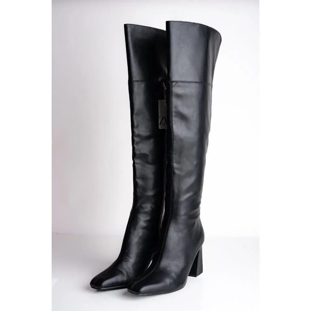 Zara Womens Over The Knee High Boots Black faux leather US 10 EU 41 New 2000/410